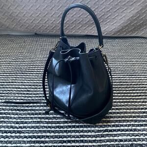 🌿Madewell Womens Black Large Leather Drawstring Bucket Satchel Bag